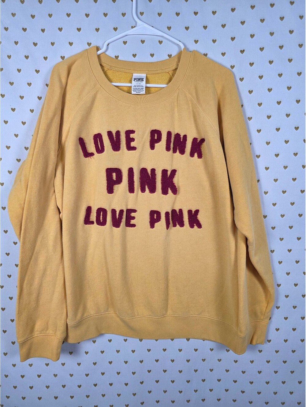 Victorias Secret Pink Embroidered raised Logo Crew Sweater Shirt Yellow LARGE